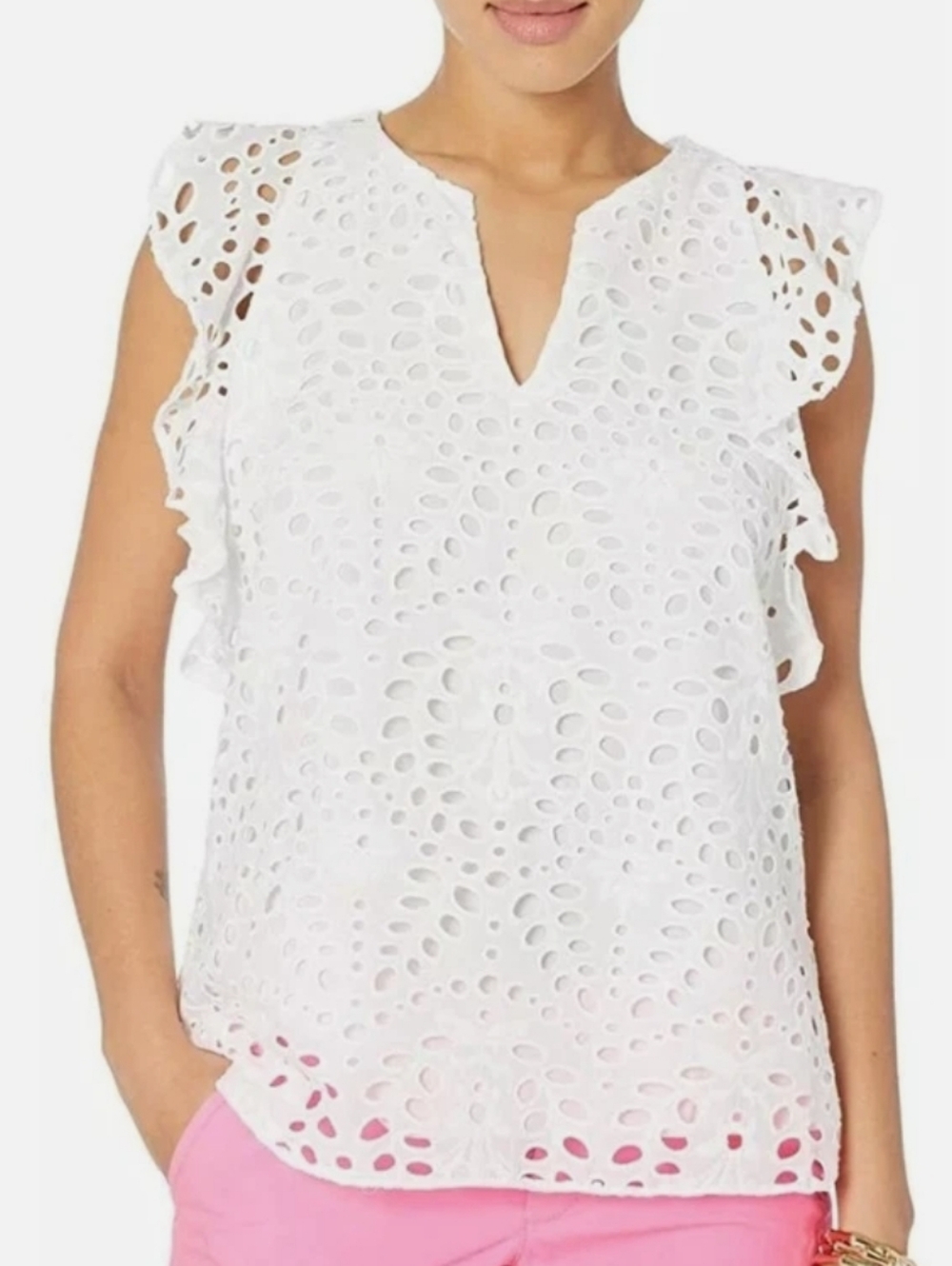 Lilly Pulitzer Faun White Eyelet V-Neck Top with Flutter Detail